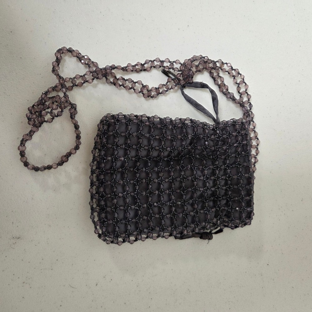 Vintage Style Beaded Crossbody Bag Smoke Gray Purple Evening Pouch Drawstring